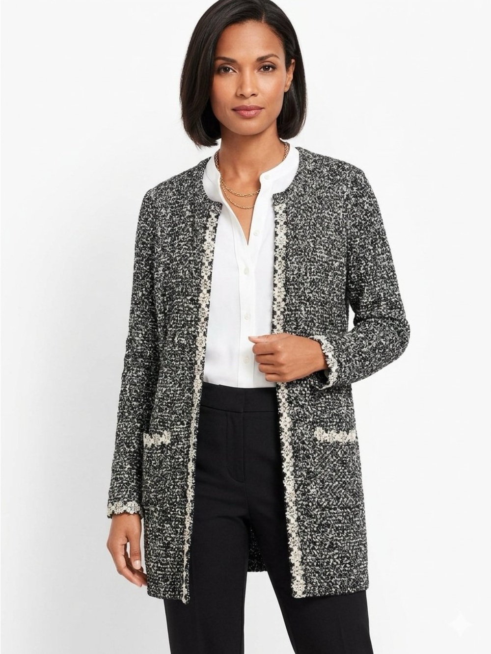 Talbots Black & White Bouclé Open-Front Cardigan